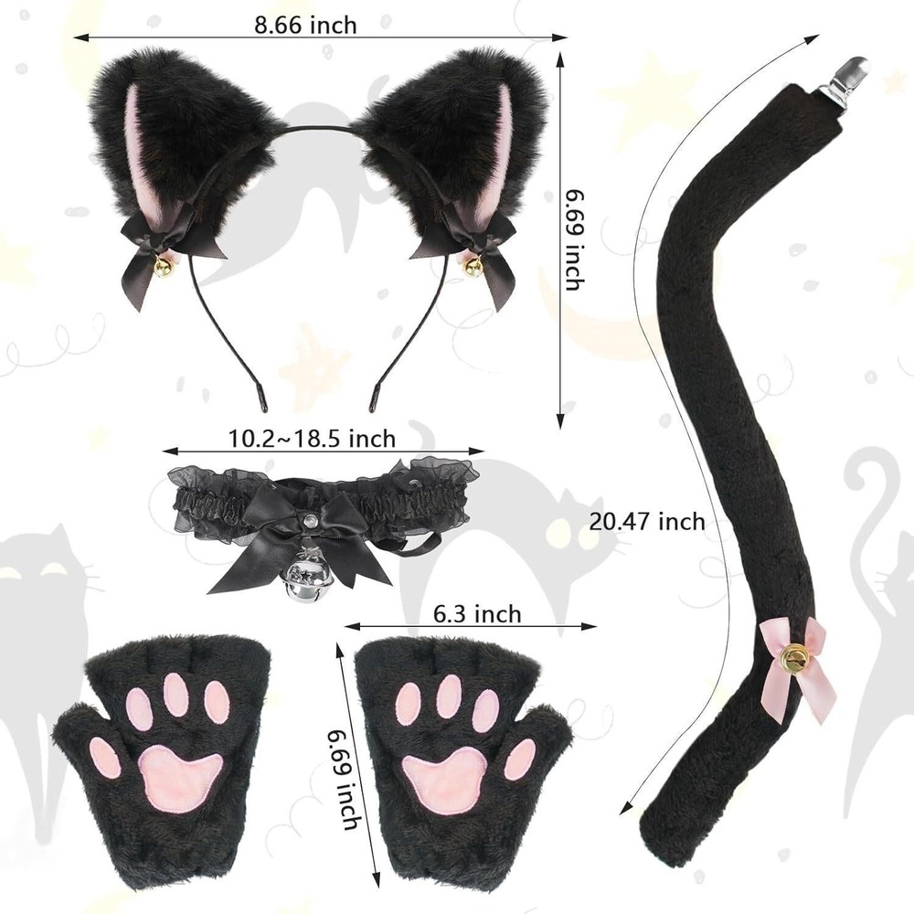 Halloween Plush Cat Animal Costume Set Ears, Paw Gloves, Choker, Headband & Tail - Picture 2 of 10